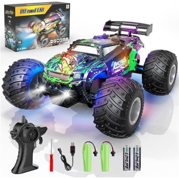 Remote Control Car, 1:18 Scale All Terrain RC Cars, 2WD 20Km/h with Colorful Led - Picture 1 of 7